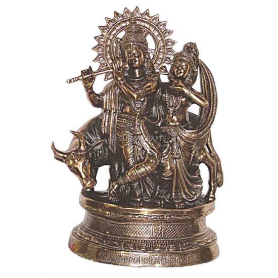 Black Metal Radha Krishna Statue with Cow